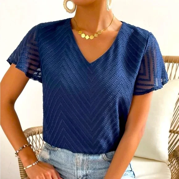 SHEIN Frenchy Solid Butterfly Sleeve V Neck Blouse - Picture 2 of 8